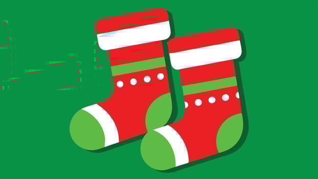 Brightly colored Christmas stockings adorned with green and white details resting on a festive green background, perfect for holiday cheer and decoration ideas vector