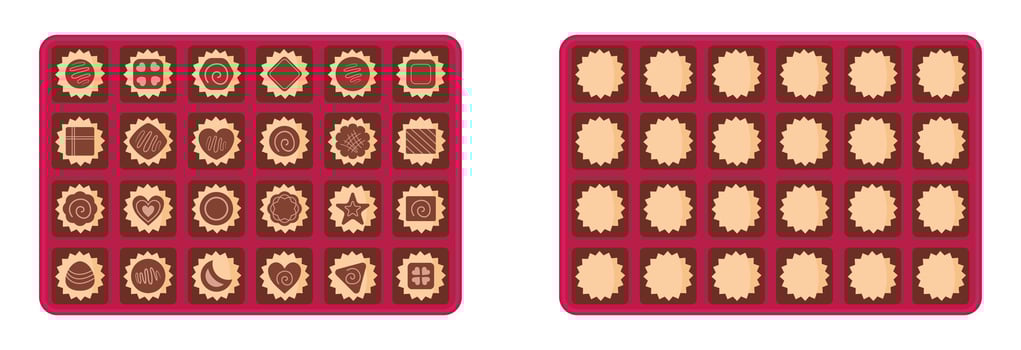 Square box of chocolates for valentine's day and more festival. Chocolate box flat design. Set of chocolates in a box and various other sweets. illustration. vector