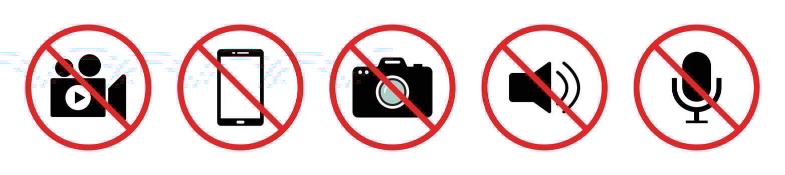 No , camera, photo, mobile phone, or sound recording forbidden sign icons. No record, no , mute, camera, red crossed out circle. Ban sign symbol illustration. vector