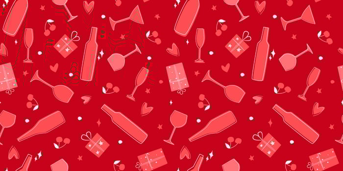 Seamless pattern with festive things, wine, glasses, cherries, hearts. Print with fun accessories for girls on holiday. vector