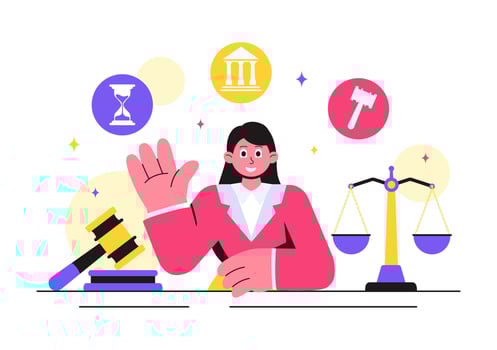 Justice System Illustration with Legal Advice, Courtroom, and Lawyer in Flat Style Background vector
