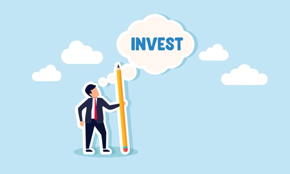 A businessman is holding a pencil while envisioning INVEST, illustration of developing an investment strategy plan for the business sector vector