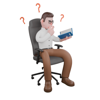 Social Stratification Expert in 3D. A male sociologist sits on a chair while holding a book in his left hand and his right hand holds his chin with a questioning expression. Cartoon Sociologist png