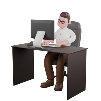 3D Cartoon Sociologist Character. A male sociologist sits at a desk with both hands operating a computer. Social Research Model png