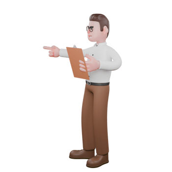 Cartoon Illustrated of a Male Sociologist. A male sociologist stands facing left while holding a clipboard in his right hand and pointing forward with his left hand. 3D Society Analysis Style png