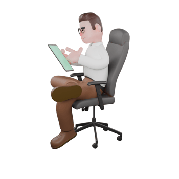 3D Male Sociologist at Work. A male sociologist sits on a gaming chair holding a tablet in his hand. Social Policy Development Cartoon png