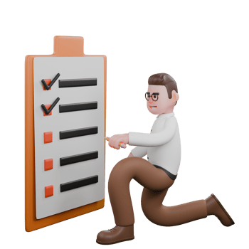 Sociologist's Daily Fieldwork in 3D. A male sociologist kneels in front of a large clipboard with a checklist and a pen in his left hand. Male Cartoon png