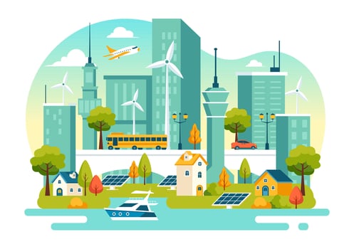 City Sustainability and Renewable Energy Illustration with Solar and Wind Power in Flat Design vector
