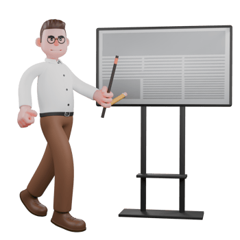 Professional 3D Male Sociologist. A male sociologist walks beside a presentation board while carrying a stick and pencil in his left hand. Societal Dynamics Character png