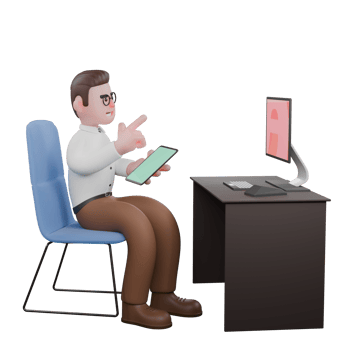 Male Professional Sociologist - 3D Character. A male sociologist sits at a desk holding a tablet in his left hand and pointing forward with his right hand. Societal png
