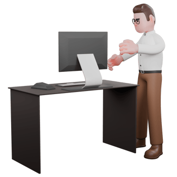 Societal Male Sociologist. A male sociologist stands beside a work desk with both hands outstretched forward. 3D Professional Character png