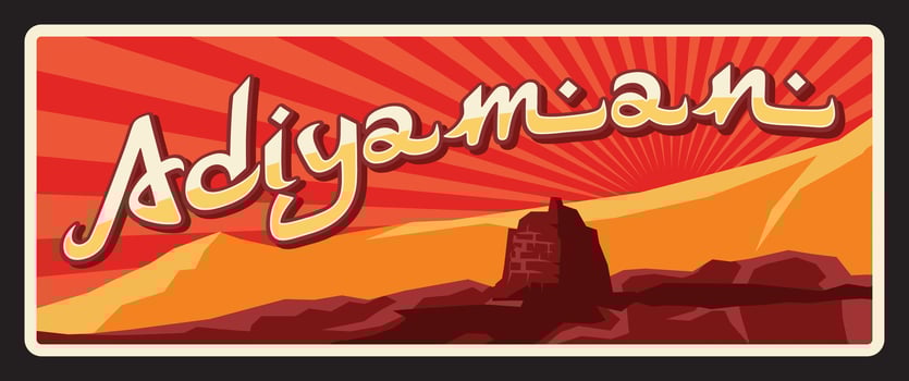 Adiyaman provinces of Turkey, vintage travel plate vector