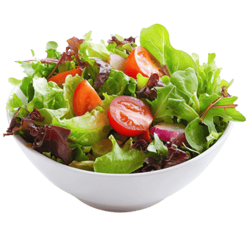 A salad in a white bowl with tomatoes, lettuce and other vegetables png