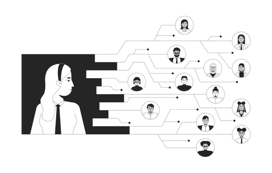 Digital transformation company black and white 2D illustration concept. Leader employees. Corporate networking circuit lines outline character isolated. Digital business metaphor monochrome art vector