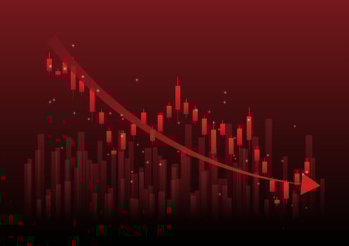 Economic critical crisis concept. The lower line graph and shiny on red background. Recession financial, cryptocurrency, gold, and the stock market. Losing money and cash. Bearish. vector