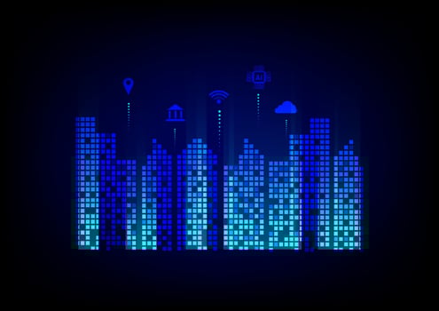 Smart city concept. The glow and neon light of the building with icons of technology on a dark blue background. Metaverse and futuristic city and innovation. vector