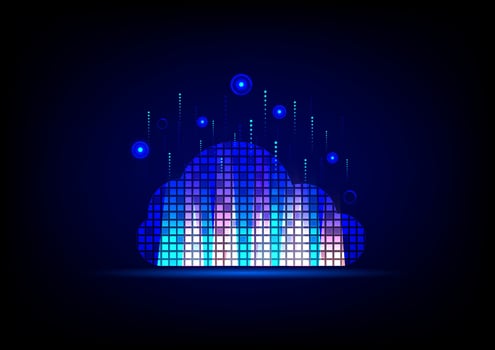 Cloud computing with light digital on a blue background. Futuristic business network and data transfer. Smart device saving data and analysis. vector