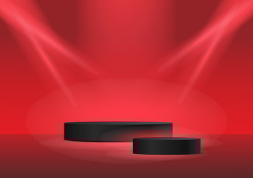 Realistic dark red 3D cylinder pedestal podium backdrop for products showcase, Sale, promotions, presentations. Modern Promotion scene display. Minimal studio platform. illustration vector