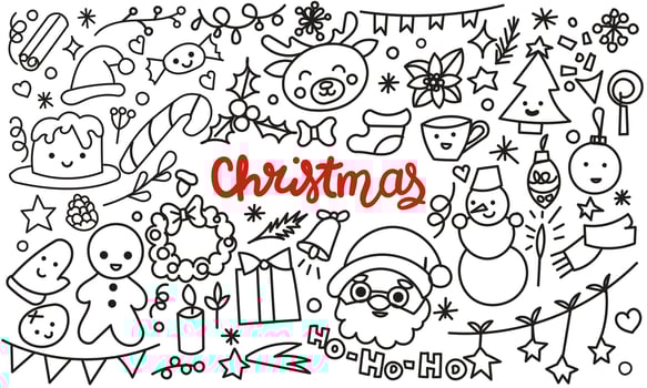 Christmas clipart collection. Christmas design elements in outline doodle style. Large set for Christmas, new year and celebrations. Hand drawn icons isolate on white. vector