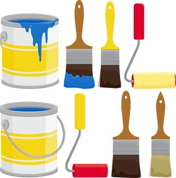 Paint supplies, cans, brushes, buckets and rollers. Paint cans, brushes and paint rollers for wall painting, house renovation projects and decoration. vector