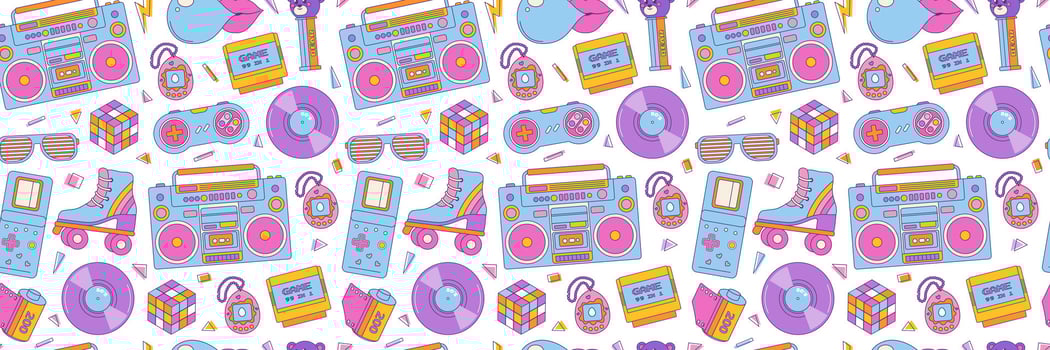 Seamless pattern colorful elements 80s 90s. Bubble gum, roller skates, joystick and cassette. background, print, wallpaper vector