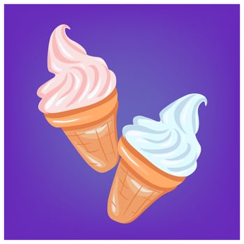 Two ice cream cones flavors pink and blue on light purple background to celebrate National Ice Cream Cone Day. Cartoon style cute food for print or logo. vector