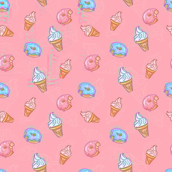Cute seamless pattern dessert ice cream and donut on pink background. Doodle linen style, bright pink and blue color style, baby design boy and girl. vector