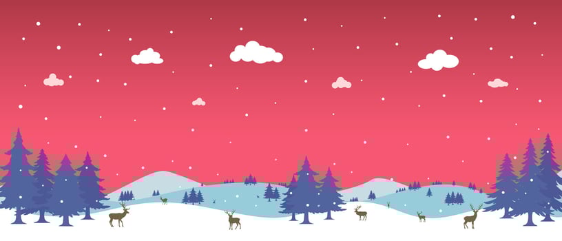 Red Christmas background, winter forest landscape. For greeting cards, New Year banner with fir trees in the snow, snowy forest and reindeer. vector