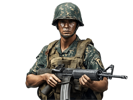 front view of a u.s. soldier from the vietnam war era in camouflage uniform with tactical vest and rifle, historical military portrait for war reenactment and vietnam conflict representation png