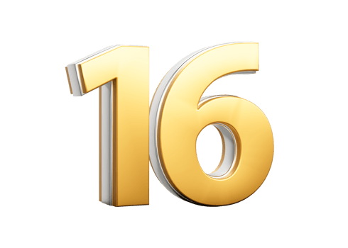 3D Golden Shiny Number 16 Sixteen With Silver Outline 3D Illustration png
