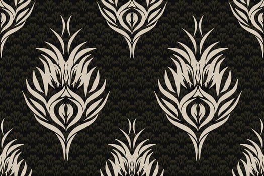 Ethnic ikat peacock feathers Pattern Ikat pattern Ethnic Pattern.Damask indian floral Aztec embroidery border seamless patterns. white on black background. vector