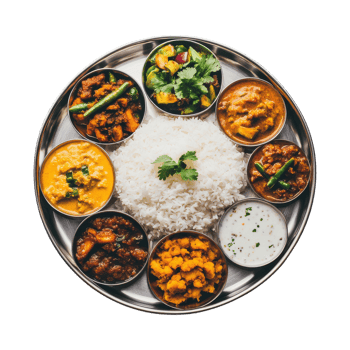 An indian thali with rice, vegetables and other dishes png