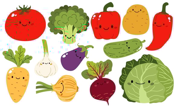 set of illustrations in children's style on white background. Cabbage carrots broccoli onion garlic tomato potato pepper eggplant cucumber beet with cute faces vector
