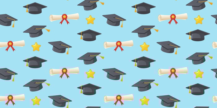 Seamless pattern of graduation caps with gold tassels and yellow stars on a blue background. Educational and achievement concept. Design for banners, posters, invitations, and wallpaper vector