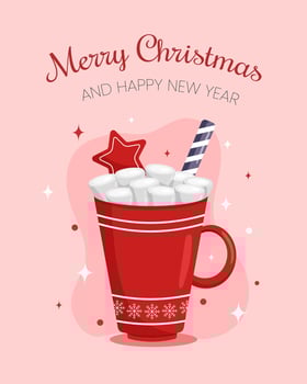 Merry Christmas and Happy New Year. Cup of hot drink with marshmallow, cookie and sweet cane. illustration vector