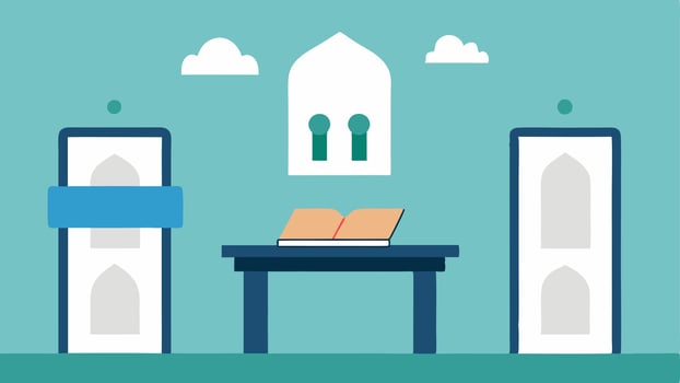 Accessible Worship Guides A table in a mosque with worship guides available in multiple formatslarge print braille and digital QR codes for easy access to materials for different. vector