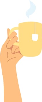 Hand holding a cup with tea bag label and blue cloud of steam. vector