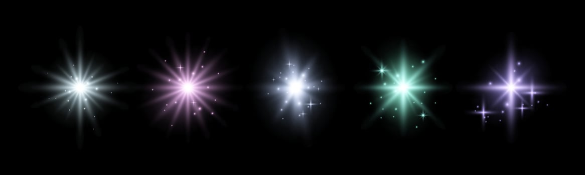 Set of glowing sparkles and stars, shining bursts with glitters and sequins around. Group of light effects on the black background. illustration. vector