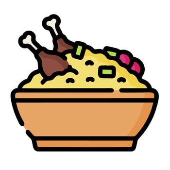 A bowl of rice with chicken and vegetables vector