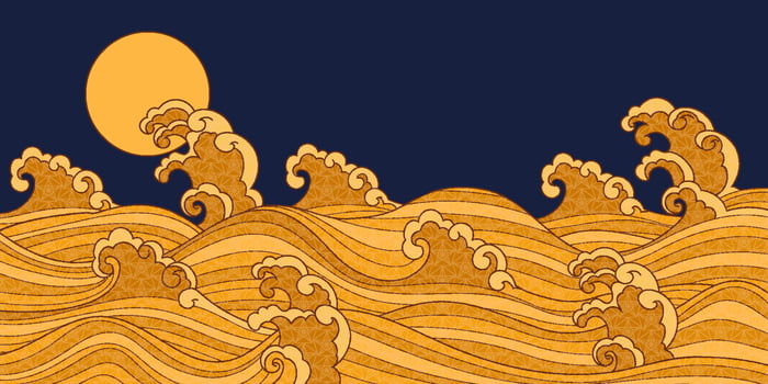 Oriental background with hand-drawn sea waves with gold colors and flat texture. Ideal for modern banners, covers, and website decorations. vector