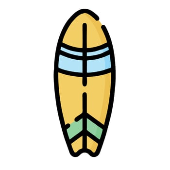 A surfboard is shown in a flat style vector