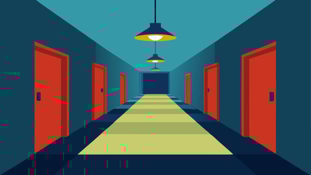Brightly Lit Hallways A hallway illustration with ample lighting including overhead fixtures and lighted baseboards to help navigate safely.. vector