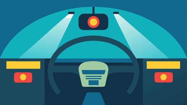 Dome Lights and Alert Systems A depiction of a vehicle interior with bright dome lights and alert signals integrated into the car for visually impaired drivers promoting awareness. vector