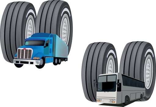 Bus and truck standing near huge wheels concept vector