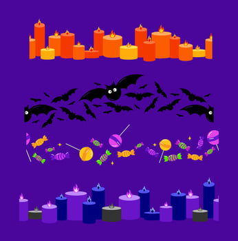 Cartoon set of Halloween illustrations seamless borders patterns. Bats. Candles, candy, lollipops. . Good for design materials such as frames, decorative borders, backgrounds, etc. vector