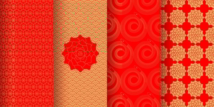 Chinese seamless patterns set. Decorative design inspired by Chinese New Year 2025, year oh the snake. isolated illustrations. vector