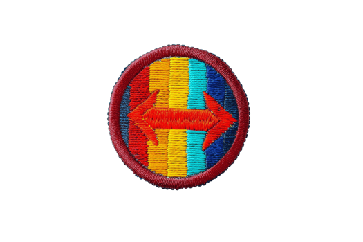 A circular embroidered patch with bold colors and red arrows pointing both directions on a blue and orange striped background. png