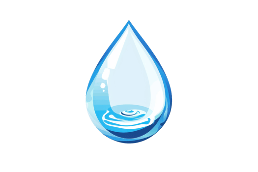 Illustration of a single blue water droplet with reflections and a ripple effect at the base, symbolizing purity and simplicity. png