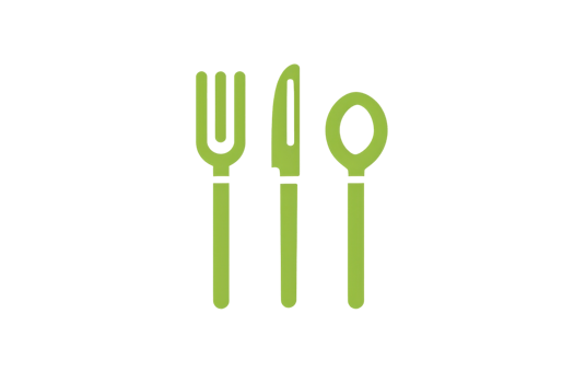 Green illustration of a fork, knife, and spoon. Minimalist design ideal for culinary apps, websites, and food-related projects. png