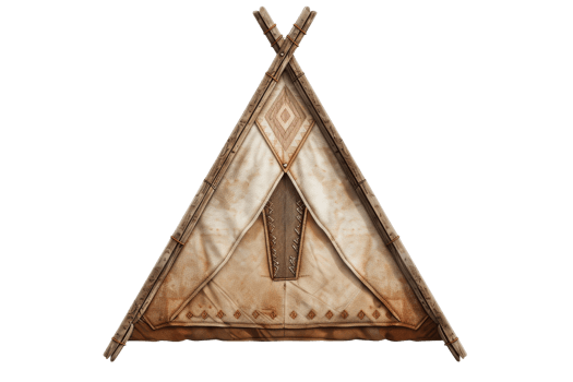 A detailed close-up of a traditional triangular teepee with intricate patterns and a rustic appearance, perfect for outdoor or cultural-themed uses. png